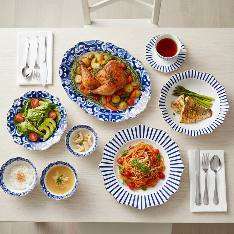 Shallow طقم عشاء شالو من كوزين آرت HEXTER 32 قطعة من البورسلين الجديد لـ 6 أشخاص - أدوات مائدة بنمط أبيض وأزرق، أواني أنيقة للاستخدام اليومي، الاستضافة، رمضان، عيد والمناسبات الاحتفالية، أطباق، سلطانيات، أكواب شاي - Image 2