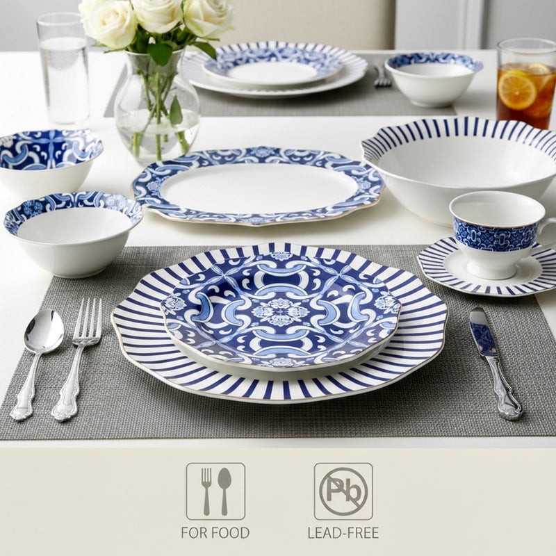 Shallow طقم عشاء شالو من كوزين آرت HEXTER 32 قطعة من البورسلين الجديد لـ 6 أشخاص - أدوات مائدة بنمط أبيض وأزرق، أواني أنيقة للاستخدام اليومي، الاستضافة، رمضان، عيد والمناسبات الاحتفالية، أطباق، سلطانيات، أكواب شاي - Image 5