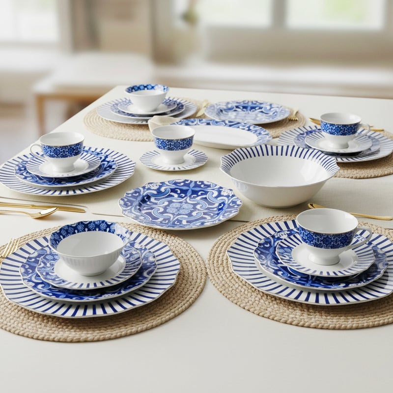 Shallow طقم عشاء شالو من كوزين آرت HEXTER 32 قطعة من البورسلين الجديد لـ 6 أشخاص - أدوات مائدة بنمط أبيض وأزرق، أواني أنيقة للاستخدام اليومي، الاستضافة، رمضان، عيد والمناسبات الاحتفالية، أطباق، سلطانيات، أكواب شاي - Image 4
