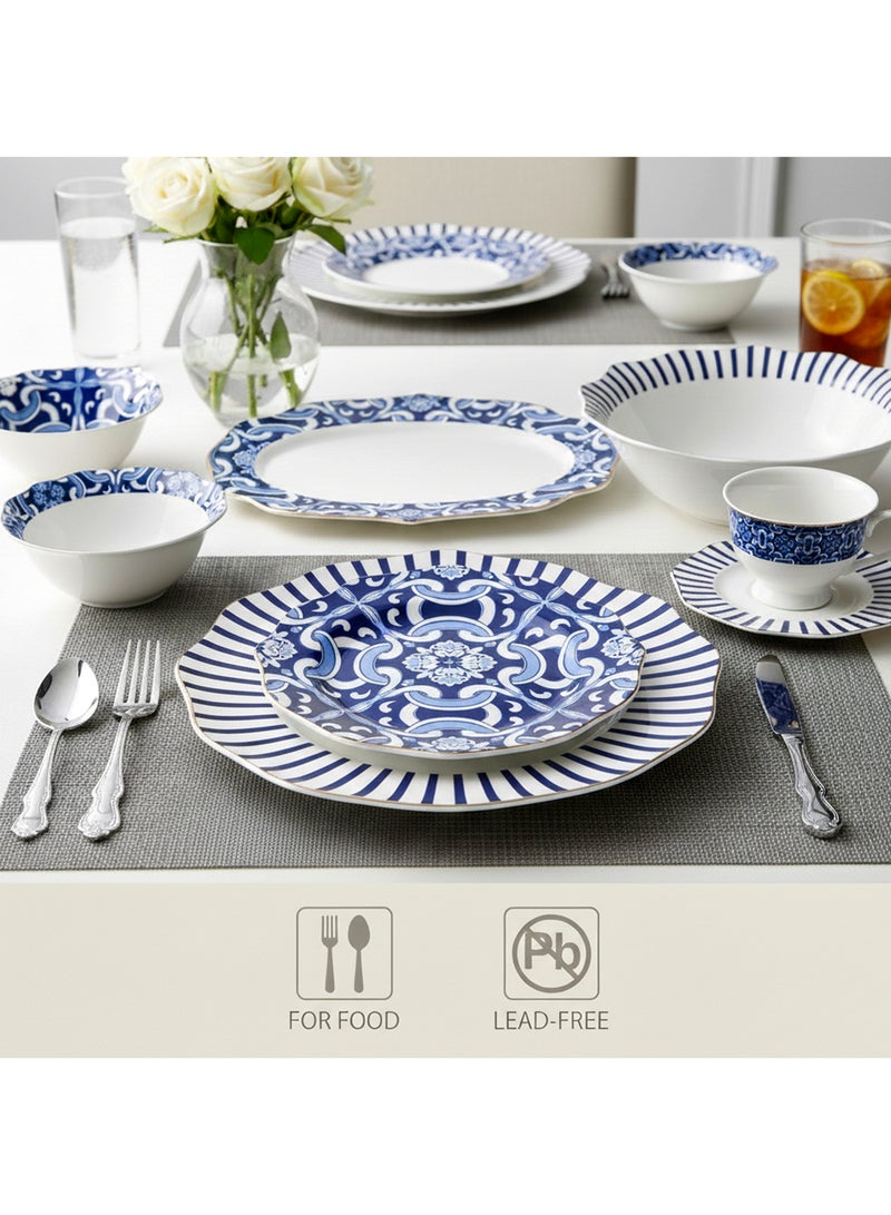 Shallow HEXTER 32-Pc New Bone China Dinner Set for 6 People - White & Blue Pattern Tableware, Elegant Crockery for Daily Use,Hosting,Ramadan,Eid&Festive Dining,Plates,Bowls,teacup - Image 3