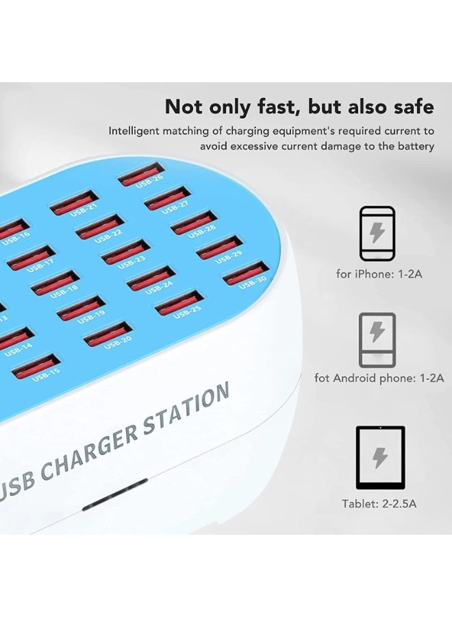شاحن USB، 30 منفذًا 160 وات (30 أمبير) محطة شحن USB متعددة المنافذ مع ميزة Smart Detect للأجهزة المتعددة والهواتف الذكية والأجهزة اللوحية وغيرها من الأجهزة الإلكترونية - Image 3