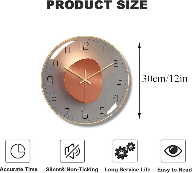 RAYYAN ساعة حائط رايان، ساعة كوارتز صامتة مستديرة تعمل بالبطارية مقاس 12 بوصة، ساعة حائط كبيرة ذات زجاج منحني ثلاثي الأبعاد للمكتب، المنزل، المطبخ، غرفة النوم، المدرسة، غرفة المعيشة (لوح جرس ذهبي مع حافة ذهبية) - Image 2