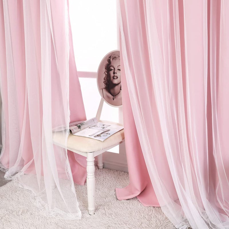 SOFJAGETQ Short Pink Blackout Curtains with Sheer Overlay - Grommet Privacy Drapes, Cute Window Treatments for Kids/Girls Bedroom Nursery LivingRoom, 52 x 54 in, 2 PCs - Image 5