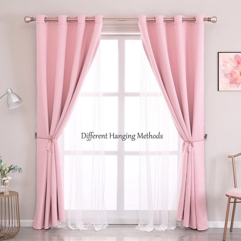 SOFJAGETQ Short Pink Blackout Curtains with Sheer Overlay - Grommet Privacy Drapes, Cute Window Treatments for Kids/Girls Bedroom Nursery LivingRoom, 52 x 54 in, 2 PCs - Image 2