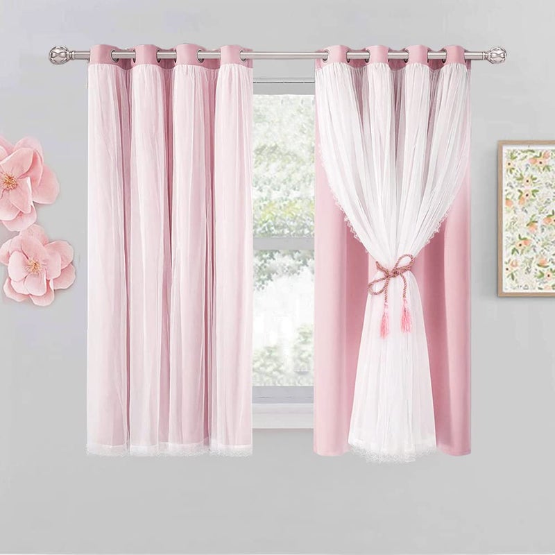 SOFJAGETQ Short Pink Blackout Curtains with Sheer Overlay - Grommet Privacy Drapes, Cute Window Treatments for Kids/Girls Bedroom Nursery LivingRoom, 52 x 54 in, 2 PCs - Image 1