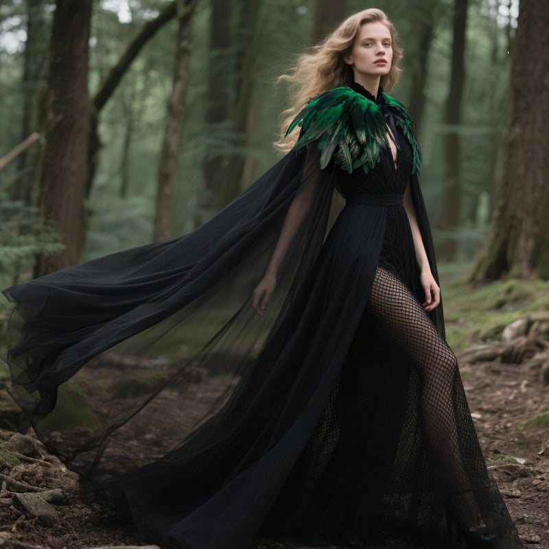 L'VOW Women Evil Queen Feather Collar Cloak Vampire Cape Witch Cosplay Costume(Green) - Image 2