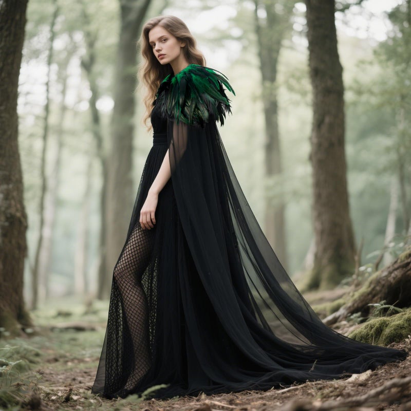 L'VOW Women Evil Queen Feather Collar Cloak Vampire Cape Witch Cosplay Costume(Green) - Image 3