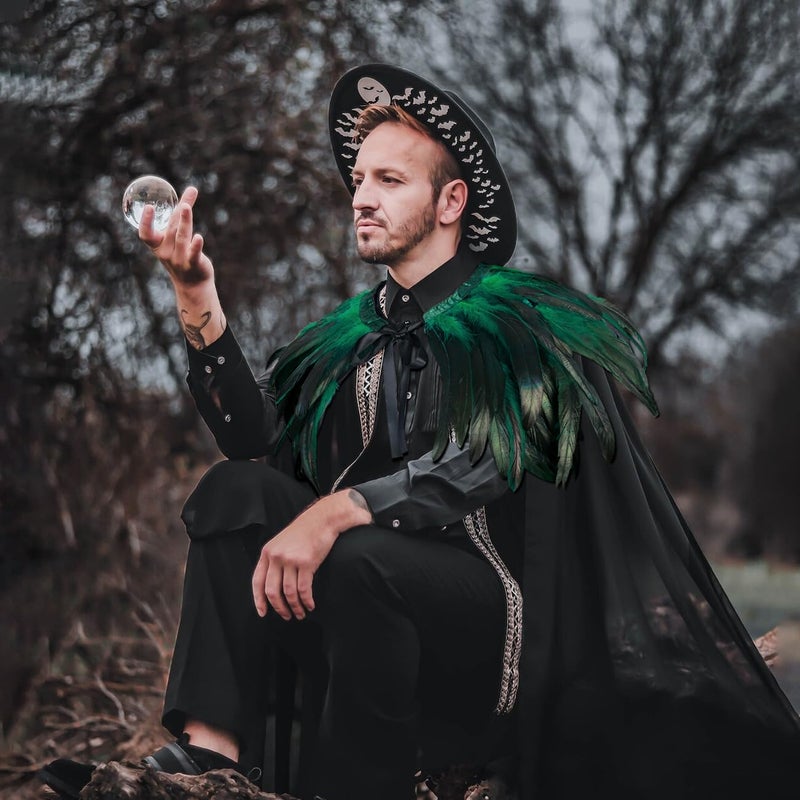 L'VOW Women Evil Queen Feather Collar Cloak Vampire Cape Witch Cosplay Costume(Green) - Image 4