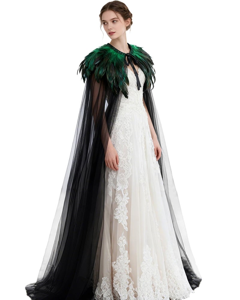 L'VOW Women Evil Queen Feather Collar Cloak Vampire Cape Witch Cosplay Costume(Green) - Image 1