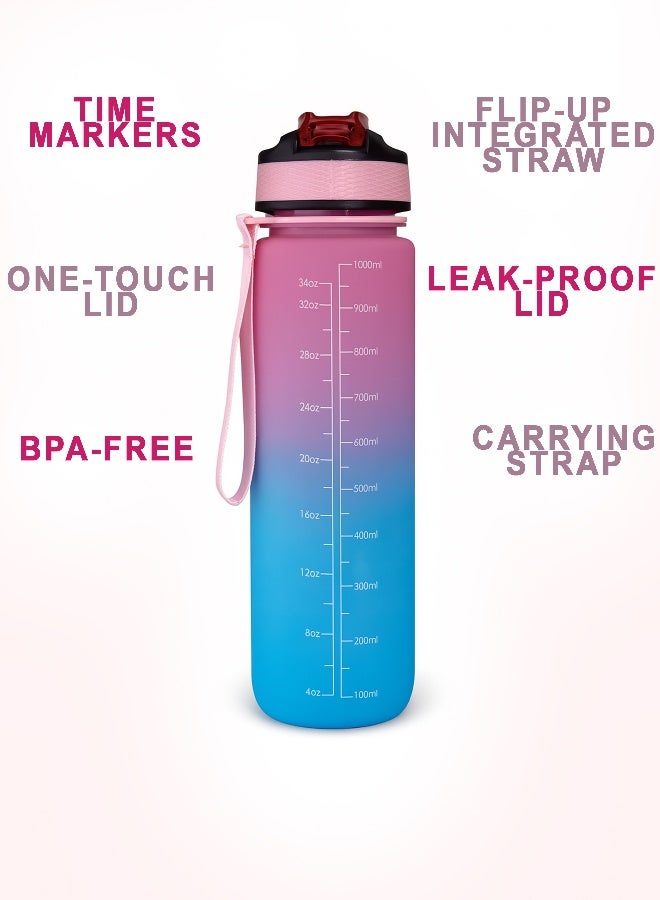 توشيونيكس زجاجة مياه تحفيزية سعة 1000 مل مع علامات زمنية، وغطاء يعمل بلمسة واحدة، وشفاطة مدمجة قابلة للطي، ومقبض حمل مزدوج وغطاء غير قابل للانزلاق - خالية من مادة BPA، وغطاء مانع للتسرب، وصديقة للبيئة، مصنوعة من البلاستيك، وقابلة لإعادة الاستخدام، وزجاجة مياه تذكيرية للشرب للبالغين والأطفال في المدرسة والمكتب والترطيب اليومي وصالة الألعاب الرياضية واللياقة البدنية واليوغا وركوب الدراجات والمشي لمسافات طويلة والتخييم في الهواء الطلق والمشي لمسافات طويلة والرياضة والسفر، زجاجة سعة 32 أونصة - Image 3