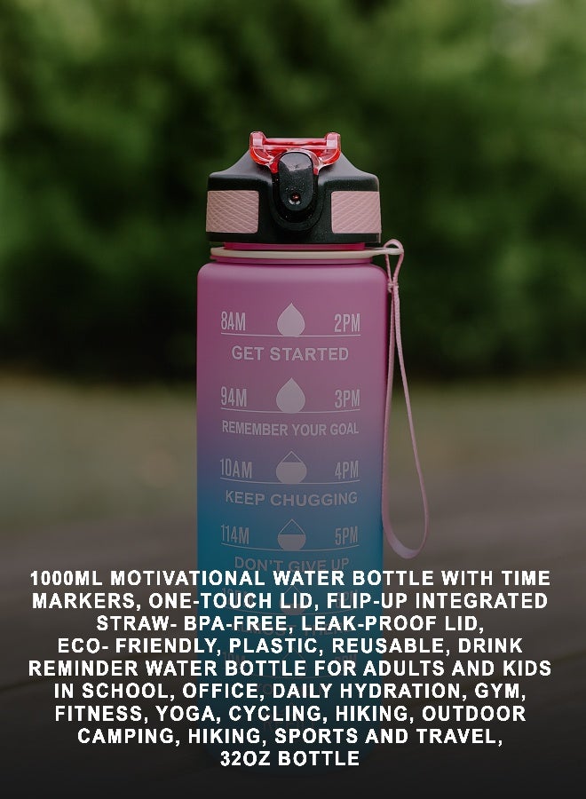 توشيونيكس زجاجة مياه تحفيزية سعة 1000 مل مع علامات زمنية، وغطاء يعمل بلمسة واحدة، وشفاطة مدمجة قابلة للطي، ومقبض حمل مزدوج وغطاء غير قابل للانزلاق - خالية من مادة BPA، وغطاء مانع للتسرب، وصديقة للبيئة، مصنوعة من البلاستيك، وقابلة لإعادة الاستخدام، وزجاجة مياه تذكيرية للشرب للبالغين والأطفال في المدرسة والمكتب والترطيب اليومي وصالة الألعاب الرياضية واللياقة البدنية واليوغا وركوب الدراجات والمشي لمسافات طويلة والتخييم في الهواء الطلق والمشي لمسافات طويلة والرياضة والسفر، زجاجة سعة 32 أونصة - Image 2