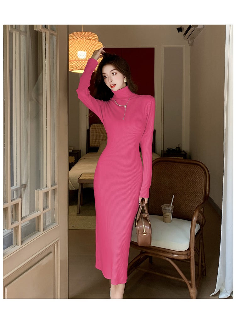Generic 2024 New Cross-border Polo/turtle Neck Sweater Dress Womens Long Dress Over Coat Medium-length Base Layer Hip Pink  - Image 1