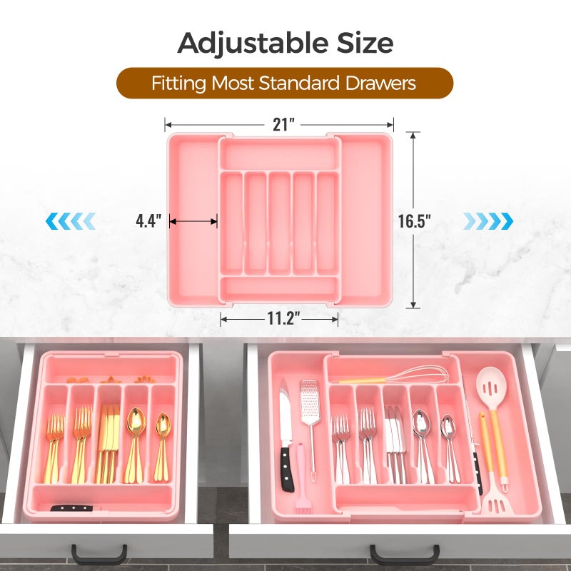 ukeetap Extra Large Expandable Silverware Organizer, BPA-Free Food-Safe Cutlery Flatware Organizer, Kitchen Utensil Drawer Organizer, Adjustable Silverware Holder for Spoons Forks Knives, Pink - Image 3