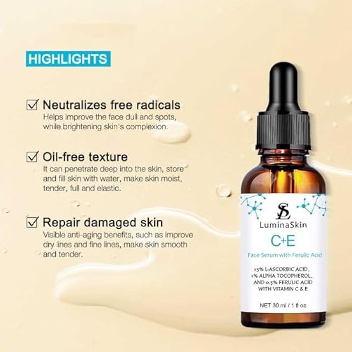 LuminaSkin Vitamin C Face Serum Vitamin CE Serum with Ferulic Acid for Women Vitamin E and Ferulic Serum Skin Care - Vitamin C Serum for Face - Dark Spot Corrector, Anti Aging Face Care 1 Oz - Image 3