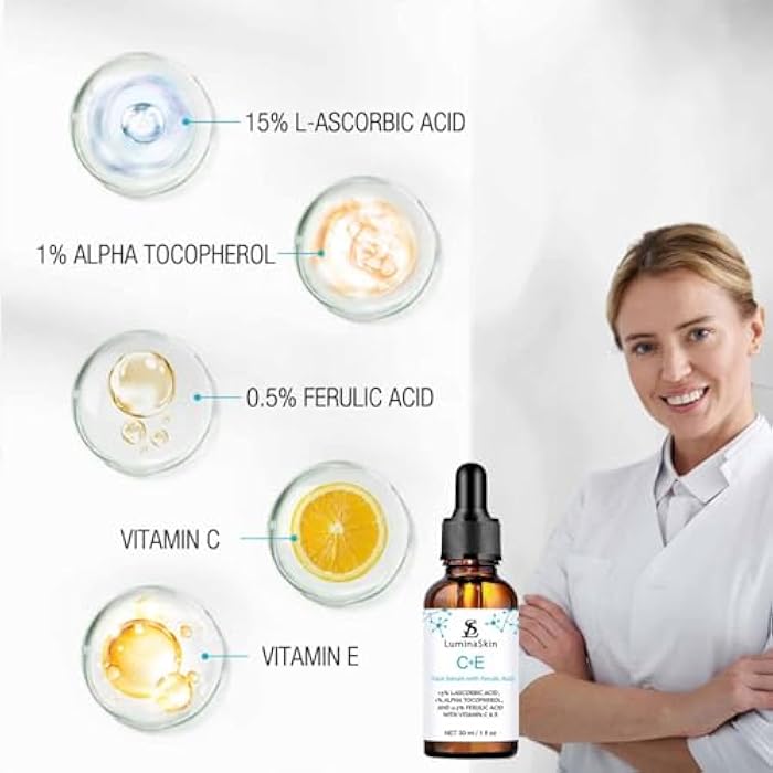 LuminaSkin Vitamin C Face Serum Vitamin CE Serum with Ferulic Acid for Women Vitamin E and Ferulic Serum Skin Care - Vitamin C Serum for Face - Dark Spot Corrector, Anti Aging Face Care 1 Oz - Image 2
