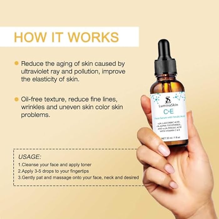 LuminaSkin Vitamin C Face Serum Vitamin CE Serum with Ferulic Acid for Women Vitamin E and Ferulic Serum Skin Care - Vitamin C Serum for Face - Dark Spot Corrector, Anti Aging Face Care 1 Oz - Image 4