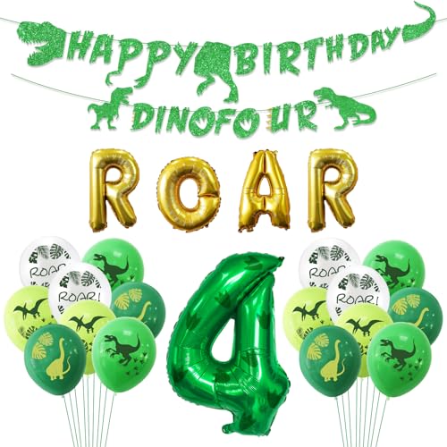 PTECDROTS Dino Four Birthday Party Decoration 4th Dinosaur Birthday Decorations Dino Four Banner Roar Balloons for Boys Kids 4th Dinosaur Party Supplies - Image 1