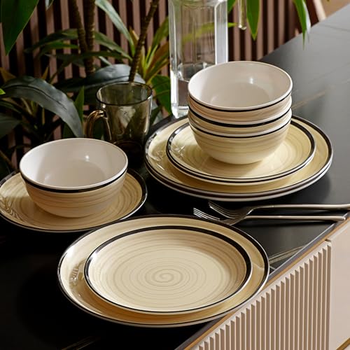 Hesinco Melamine Dinnerware Set for 4, 12Pcs Dinnerware Sets, Lightweight Plates And Bowls Sets, Morden Dishes Sets for Indoor and Outdoor Use, Dishwasher Safe BPA Free(Off White) - Image 1