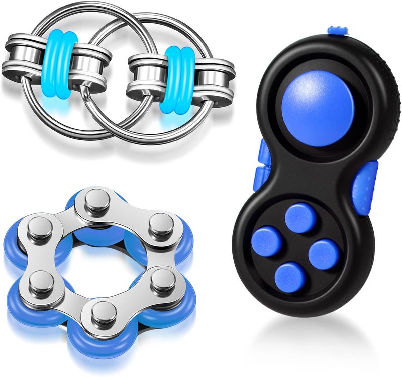 Gejoy 3 Pcs Fidget Toys Adults Set Handheld Fidgets Controller Pad Game Six Roller Chain Key Flippy Chain Autism Sensory for ADHD Add OCD Autism Anxiety Stress Relief Teen Kids(Black and Blue) - Image 1