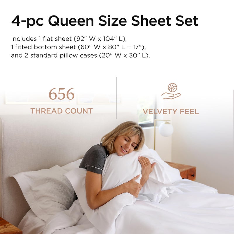 Threadmill Supima Cotton Sheets Queen | 656 Thread Count Queen Sheets for Queen Mattress | 4 Piece Luxury Bed Sheet | Sateen Weave Hotel Quality Sheet with Elasticized Deep Pocket| White Sheet - Image 2