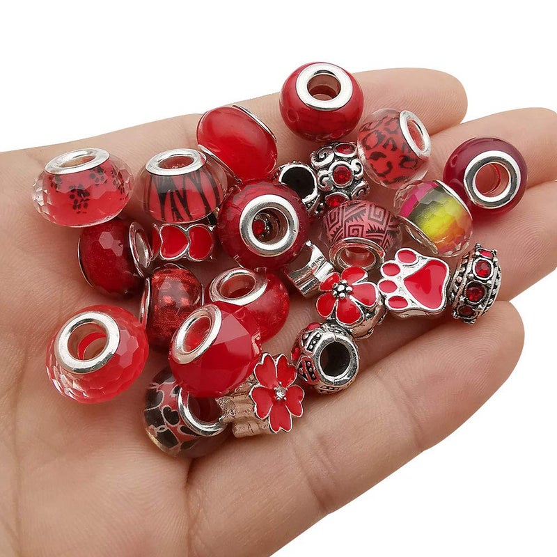 50pcs Assorted Red Resin Imitation Glass European Large Hole Beads Rhinestone Metal Spacer Charms Bead Assortments for DIY Crafts Bracelets Necklaces Jewelry Making M573Red