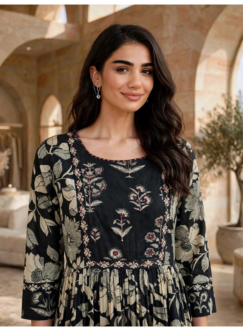 IKKXA Vintage Floral Flared Midi Jalabiya IK34Black - Image 2
