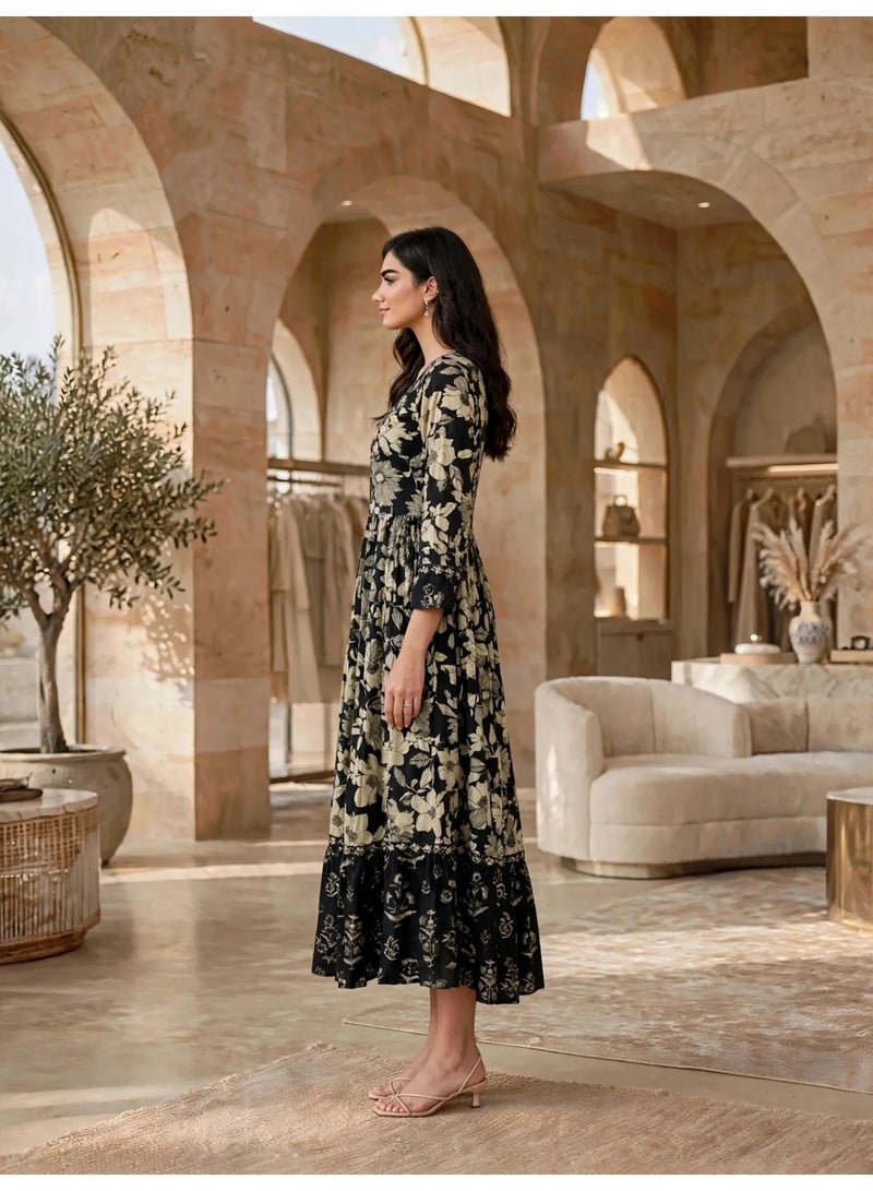IKKXA Vintage Floral Flared Midi Jalabiya IK34Black - Image 4