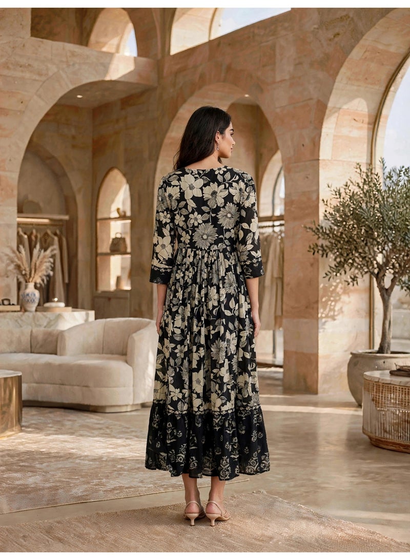 IKKXA Vintage Floral Flared Midi Jalabiya IK34Black - Image 5