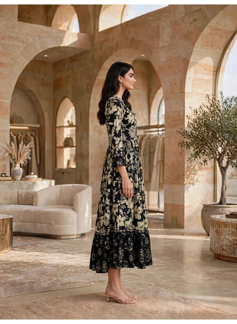 IKKXA Vintage Floral Flared Midi Jalabiya IK34Black - Image 3
