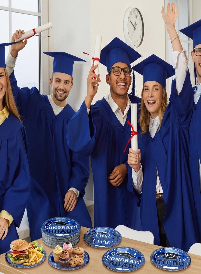 Fourluoo 96 Pcs 2026 Blue White Graduation Hat Paper Plates 7 Inch Disposable Congrats Grad Hat Plates Round Cake Dessert Dinner Dessert Dish for Summer School Graduation Party Birthday Decorations - Image 2