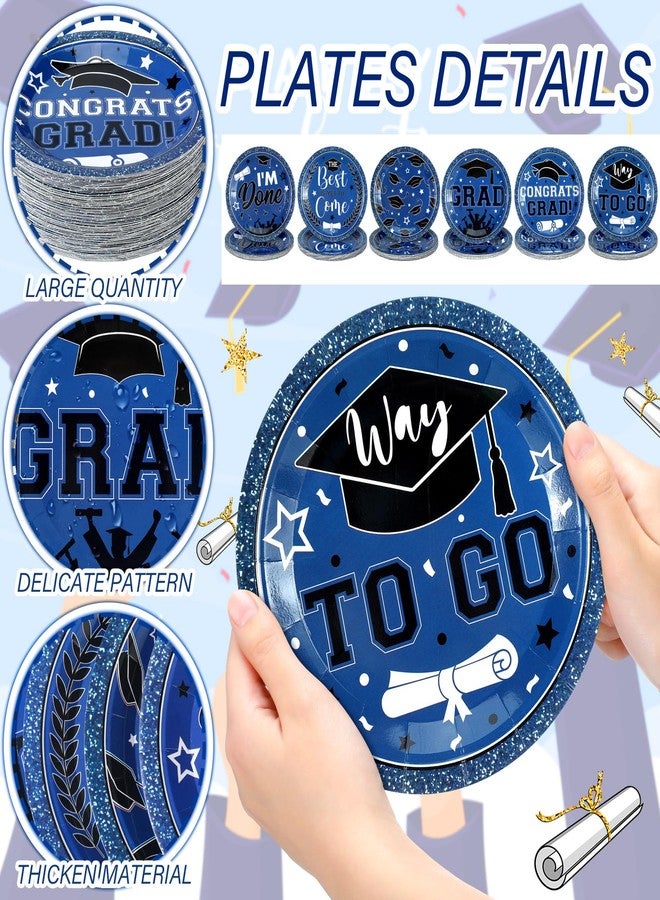 Fourluoo 96 Pcs 2026 Blue White Graduation Hat Paper Plates 7 Inch Disposable Congrats Grad Hat Plates Round Cake Dessert Dinner Dessert Dish for Summer School Graduation Party Birthday Decorations - Image 5