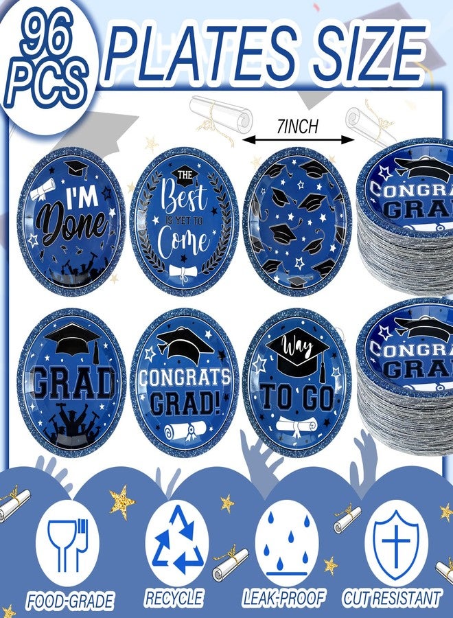 Fourluoo 96 Pcs 2026 Blue White Graduation Hat Paper Plates 7 Inch Disposable Congrats Grad Hat Plates Round Cake Dessert Dinner Dessert Dish for Summer School Graduation Party Birthday Decorations - Image 3