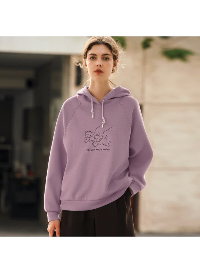 Olrain Eurier Hooded Fun Cartoon Dog Embroidered Pullover Loose Sweatshirt Women's Autumn Top Purple S - Image 2