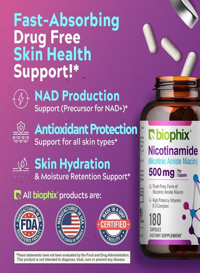 biophix B-3 Nicotinamide 500 mg 180 Caps - Nicotinic Amide Niacin Natural Flush-Free Vitamin Formula - Supports Skin Cell Health - Image 5