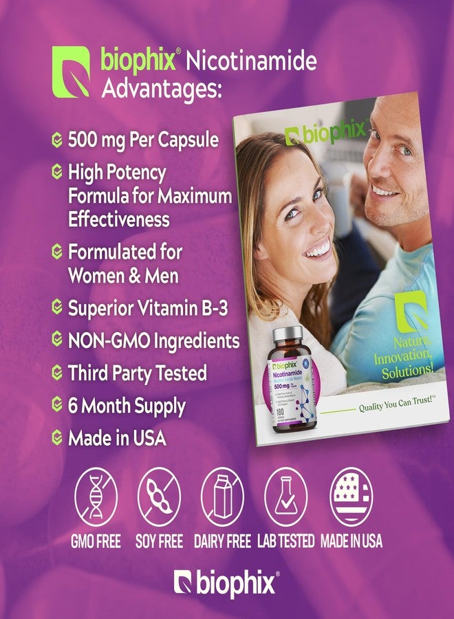 biophix B-3 Nicotinamide 500 mg 180 Caps - Nicotinic Amide Niacin Natural Flush-Free Vitamin Formula - Supports Skin Cell Health - Image 3