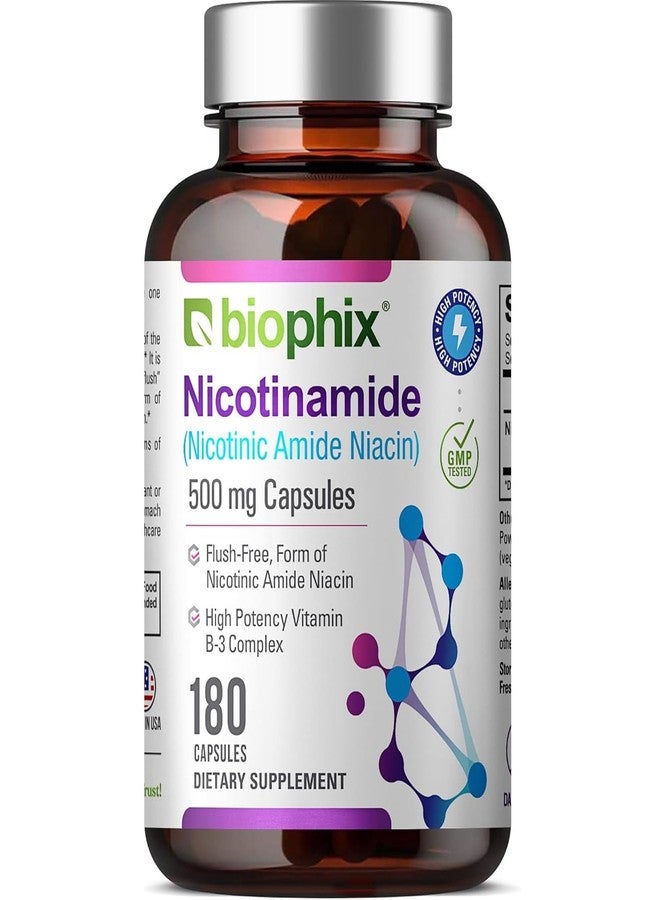 biophix B-3 Nicotinamide 500 mg 180 Caps - Nicotinic Amide Niacin Natural Flush-Free Vitamin Formula - Supports Skin Cell Health - Image 1