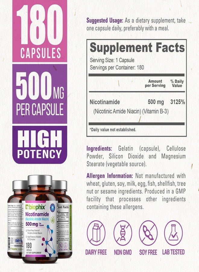 biophix B-3 Nicotinamide 500 mg 180 Caps - Nicotinic Amide Niacin Natural Flush-Free Vitamin Formula - Supports Skin Cell Health - Image 4