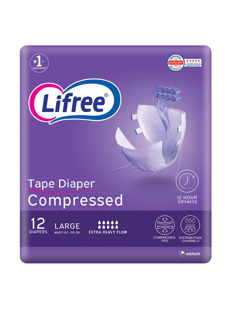 Lifree Compressed Adult Diaper Tape Large Size 8 Cup Absorbency Regular Pack 12 Pieces  - Image 1