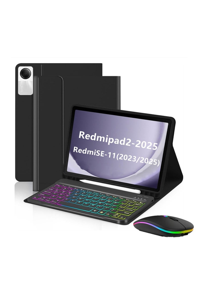 general Compatible with 2025 Redmi Pad 2 Wireless Bluetooth Keyboard Case Backlit Keyboard with Pen Slot and Mouse Tablet Protective Case Shockproof Full Cover - Image 1
