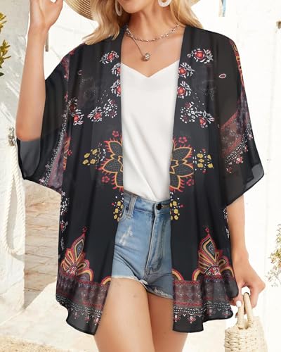 CHICGAL Womens Kimonos Beach Cover Up Chiffon Cardigan Floral Blouse Loose Fit Cape Top Summer Resortwear(Orange Black,2XL) - Image 2