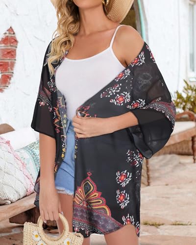 CHICGAL Womens Kimonos Beach Cover Up Chiffon Cardigan Floral Blouse Loose Fit Cape Top Summer Resortwear(Orange Black,2XL) - Image 5
