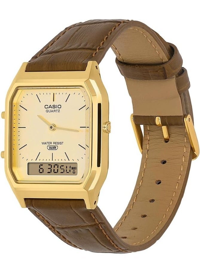 CASIO Vintage Analog‑Digital Unisex Watch, 38.8 mm Gold Dial & Case, Genuine Brown Leather Strap, Water‑Resistant-AQ‑230EGL‑9A - Image 2