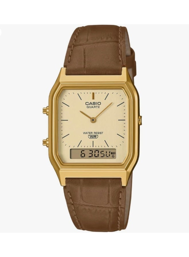 CASIO Vintage Analog‑Digital Unisex Watch, 38.8 mm Gold Dial & Case, Genuine Brown Leather Strap, Water‑Resistant-AQ‑230EGL‑9A - Image 1