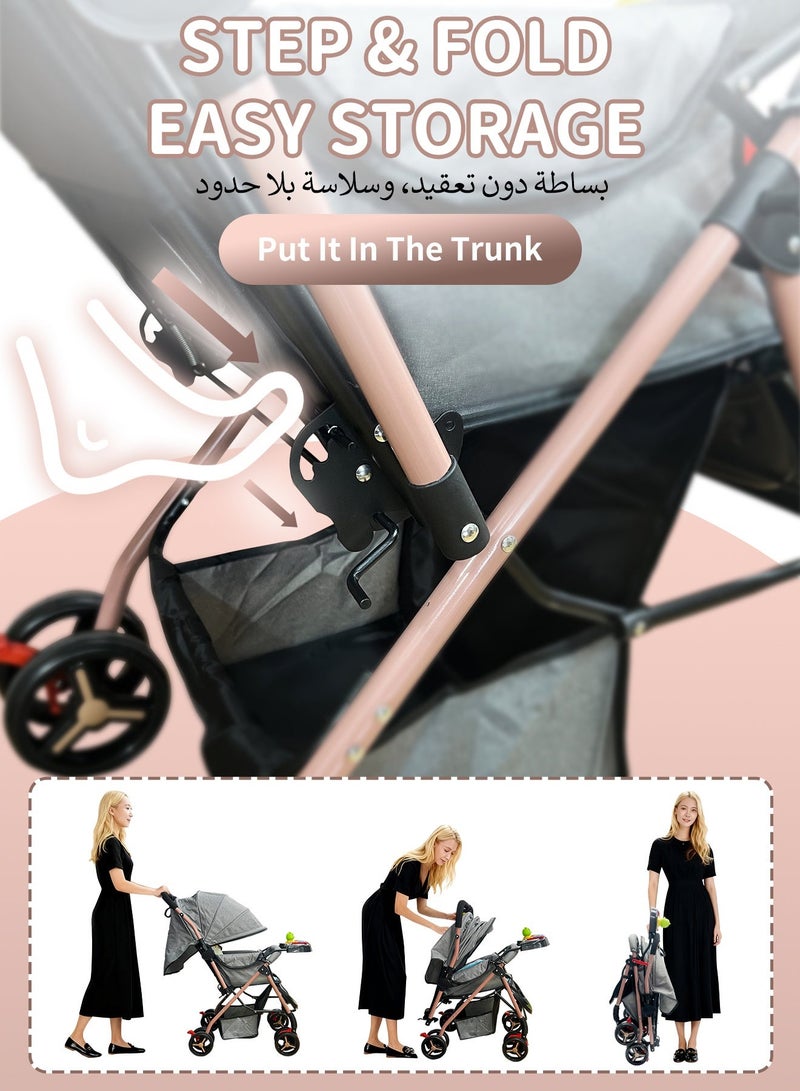 هامية عربة أطفال ثنائية الاتجاه، خفيفة الوزن للسفر مع صينية، مظلة كبيرة جدًا، عجلات ممتصة للصدمات وطي مدمج بلمسة واحدة، مع ناموسية وسلة تخزين و حامل كأس وخطافين – رمادي، مناسبة من 0 إلى 36 شهرًا - Image 3