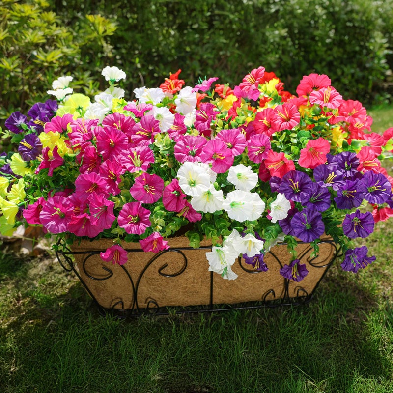 HyeFlora Artificial Flowers for Outdoors Fake Plants Outside Decoration 12 Bundles Silk Colorful Morning Glory with Eucalyptus UV Resistant Realistic Faux Flowers for Planter Porch Patio Yard Garden - Image 2