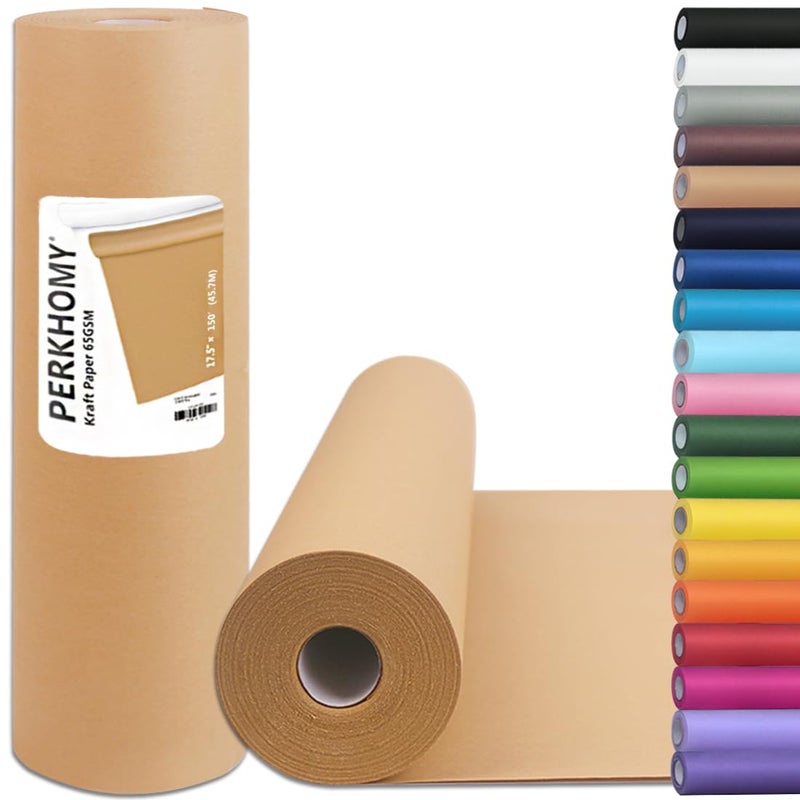 PH PERKHOMY PerkHomy Brown Kraft Paper Roll 17.5" x 1,800" (150') for Gift Wrapping Bulletin Board Craft Art Bouquet Flower Packing Moving Shipping Floor Covering Table 70GSM 50LB (Brown, 17.5" x 150') - Image 1