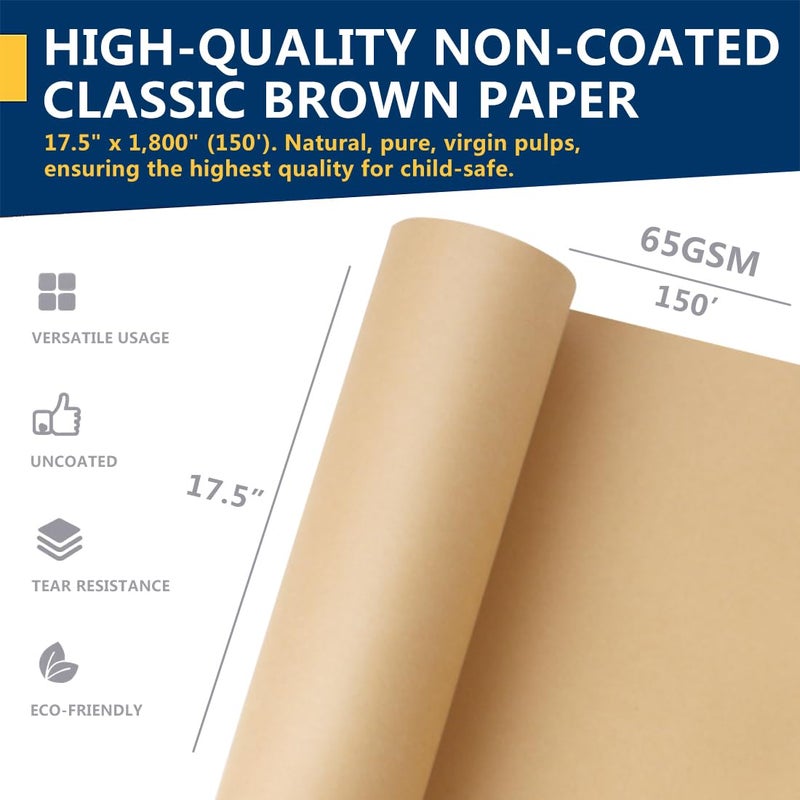PH PERKHOMY PerkHomy Brown Kraft Paper Roll 17.5" x 1,800" (150') for Gift Wrapping Bulletin Board Craft Art Bouquet Flower Packing Moving Shipping Floor Covering Table 70GSM 50LB (Brown, 17.5" x 150') - Image 4