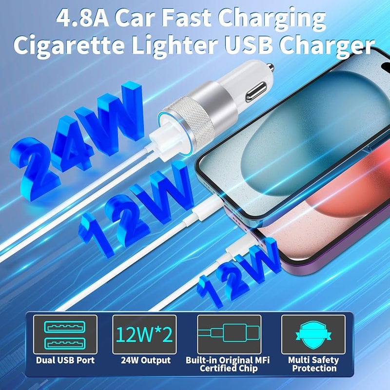 【Apple MFi Certified】 iPhone Fast Car Charger, Braveridge 2Pack 4.8A Dual USB Car Power Cigarette Lighter USB Car Carplay Charger Adapter with Lightning Cable for iPhone 14 13 12 11 Pro XS XR X 8 iPad - Image 5