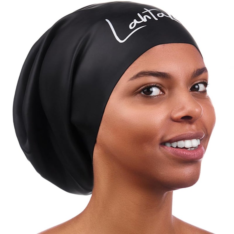 Lahtak Long Hair Swim Cap - Swim Caps Cool - Stylish Swim Cap for Braids Weaves Dreadlocks - Bathing Cap - Silicone Shower Cap (Black L) - Image 1