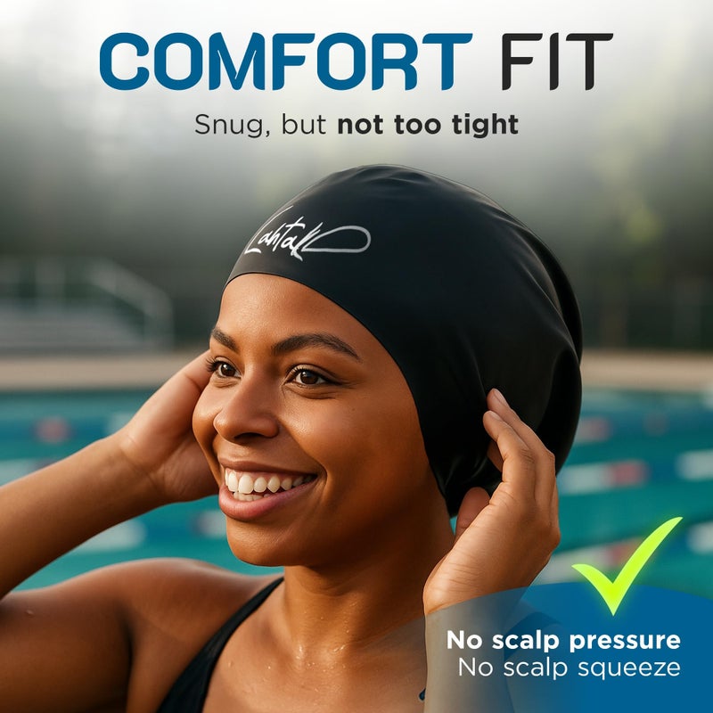 Lahtak Long Hair Swim Cap - Swim Caps Cool - Stylish Swim Cap for Braids Weaves Dreadlocks - Bathing Cap - Silicone Shower Cap (Black L) - Image 2